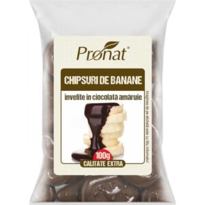 Chipsuri de banane invelite in ciocolata amaruie, 100g Pronat