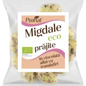 Migdale bio prajite, glazurate in ciocolata alba cu trandafiri, 50g Pronat